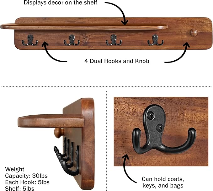 Alaterre Furniture Coat Rack with Shelf - Calais Collection Wall Mount Shelf with 4 Coat Hooks and Peg - Acacia Wood Wall Hangers (Warm Chestnut)