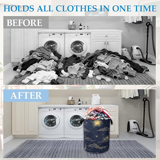 Sun Moon Laundry Basket Collapsible Laundry Hamper Clothes Toy Storage Bin for Bathroom Bedroom Room Decor 16" X 20.8"