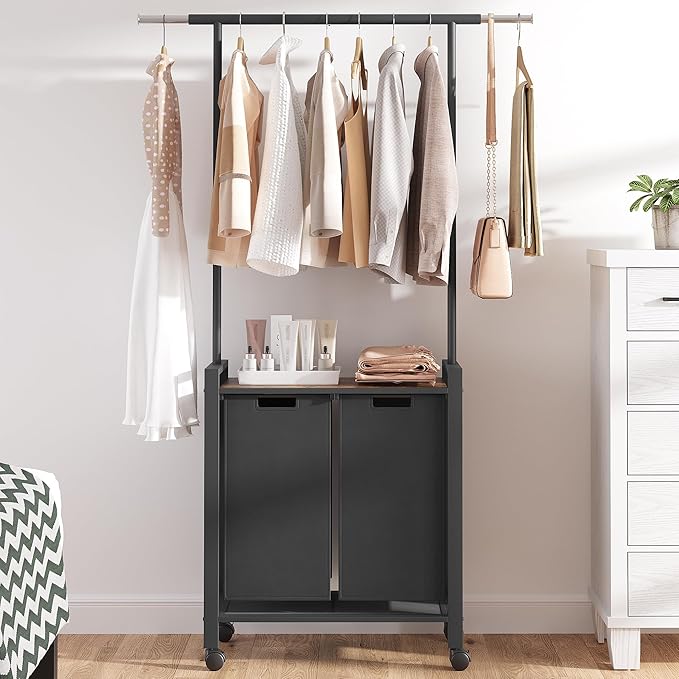 Large Laundry Hamper With Hanging Clothes Rack –2-Section Rolling Laundry Basket With Removable Pull-Out Sorting Bags, Wheeled Organizer for Laundry Room, Bathroom & Bedroom（2 Hampers, black）
