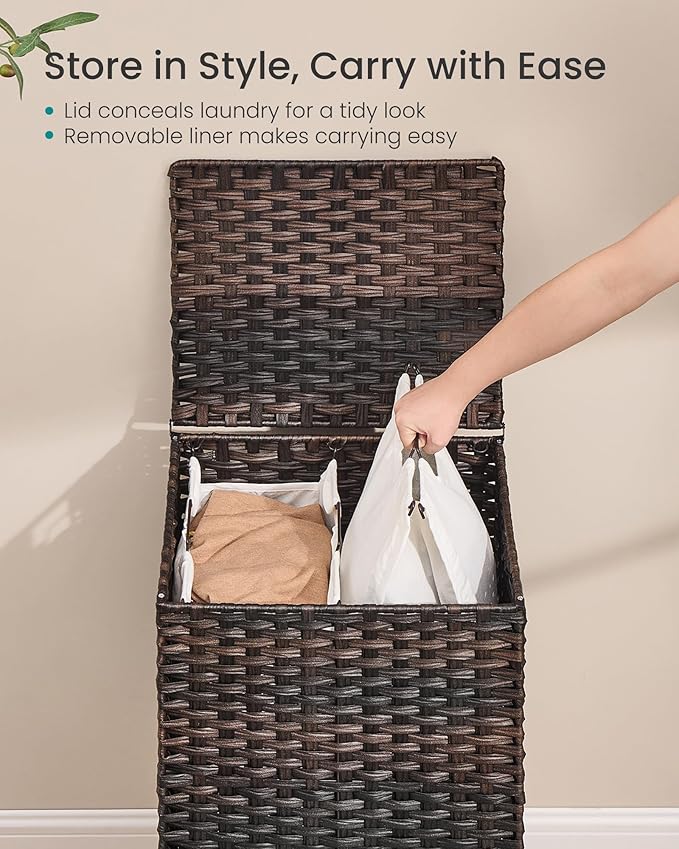SONGMICS Laundry Hamper with Lid, 29 Gal. (110 L) PE Rattan Laundry Basket with Lid and Handles, Natural Material,Removable Machine Washable Liner, Chestnut Brown ULCB222ME01