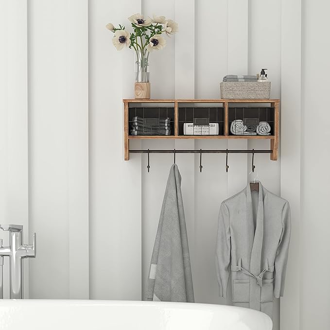 Flash Furniture Daly Wall Mounted Storage Rack - Rustic Brown Solid Pine Wood - 24 Inch - Upper Shelf - 5 Hooks - Wire Baskets - For Entryway, Kitchen, Bathroom