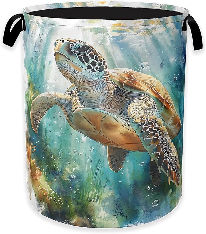 Laundry Hamper,Sea Turtle Laundry Basket,Watercolor Green Ocean Portable Collapsible Laundry Room Organization Storage for Dorm Room,Nursery,Bathroom,Bedroom,16x20 Inch