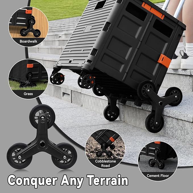 Foldable Utility Cart with Stair Climbing Wheels,Collapsible Rolling Crate with Magnetic Lid Telescopic Cover,Adjustable Telescoping Handle,360° Rotate Wheel Hand Cart for Teacher Shopping Moving