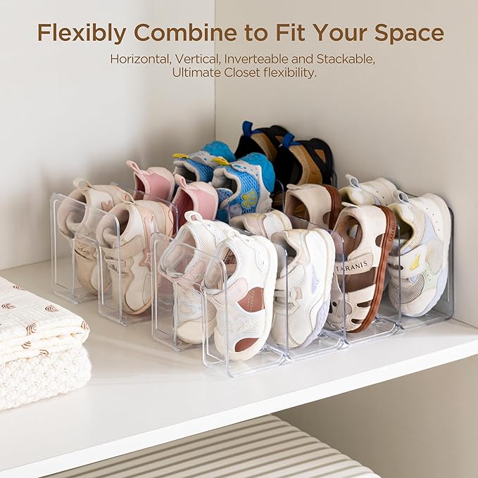 HBlife Clear Acrylic Kids Shoe Rack for Closet, 6 Pack, 4 Sections, Stackable, Crystal Clear, 4 Pairs Capacity