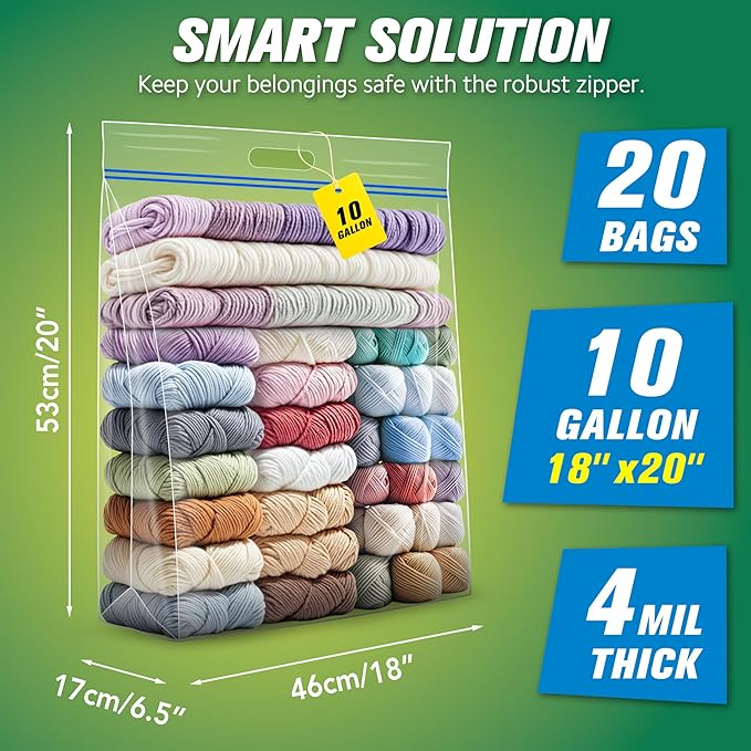 HIBAG 10 Gallon Large Storage Bags, 18” x 20” Resealable Clear Bags with Handle, Extra Large XL Heavy Duty for Clothes Pillow Travel Moving, Pack of 20