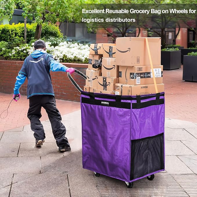 (Medium,Purple) Reusable Grocery Bag on Wheels, 70L Foldable Rolling Tote, Carries Up to 66 lbs Shopping Trolley, Zipper Clouser Shopping Carts for Trips, Laundry, 4 Heavy Duty Wheels and 3 Handles