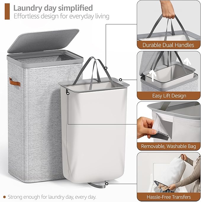 Sorbus Laundry Hamper with Lid - Collapsible Fabric Laundry Basket with Handles and Removable Laundry Bag – 26.5 Gallon (100 L) Dirty Clothes Hamper for Bedroom, bathroom and dorm (Gray)