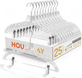 HOUSE DAY Clear Plastic Pants Hangers 25 Pack, Set Hanger for Tops and Bottoms, Non Slip Skirt Hangers with Adjustable Clips, Shoulder Notches, 360° Swivel Hook