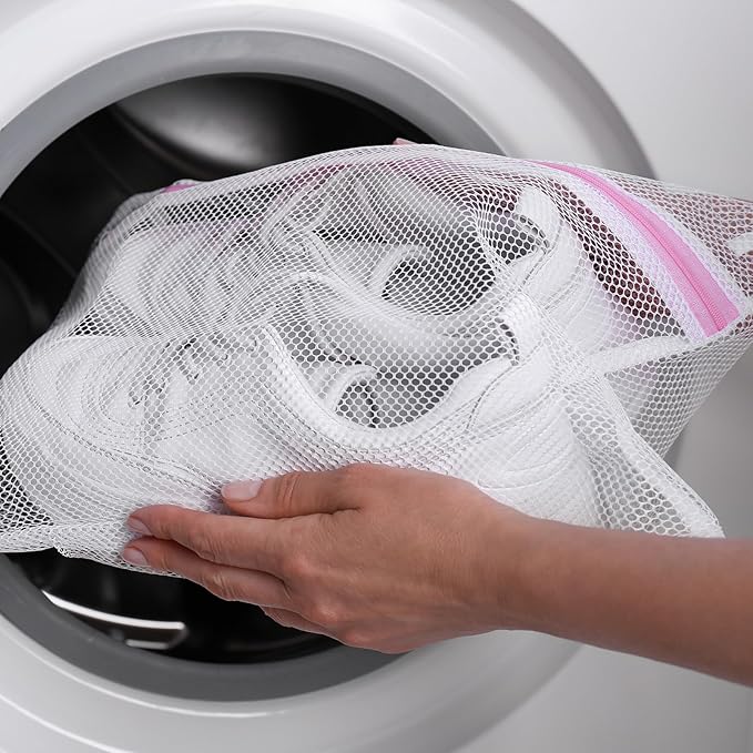 uxcell 2Pcs Shoes Washing Bag, 8.7 x 13 Inch Cylinder Fine Mesh Laundry Bags for Washing Machine Wash Sneakers, Slippers, Delicate, Underwear, White/Pink