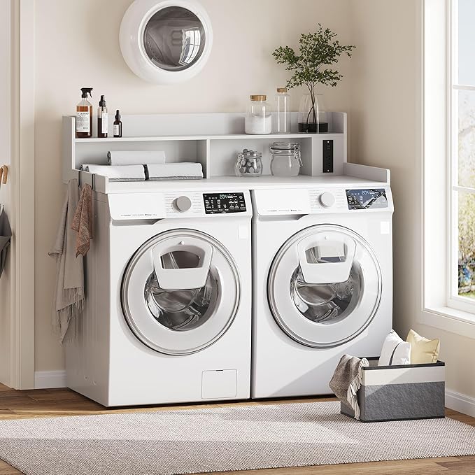 Upgraded 2-Tier Washer and Dryer Countertop with Power Outlet,54" W x 27.6" D Large Laundry Countertop for Fold Clothes, Laundry Topper with Non-Slip Pads & Metal Hooks and Storage Basket