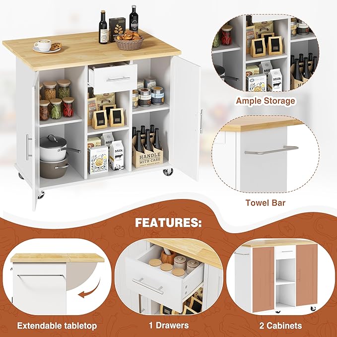 JY QAQA 42" Kitchen Island with Storage on Wheels, Rolling Table with Drop Leaf, Drawers, Cart Handle for Towel Rack or Free Movement, White