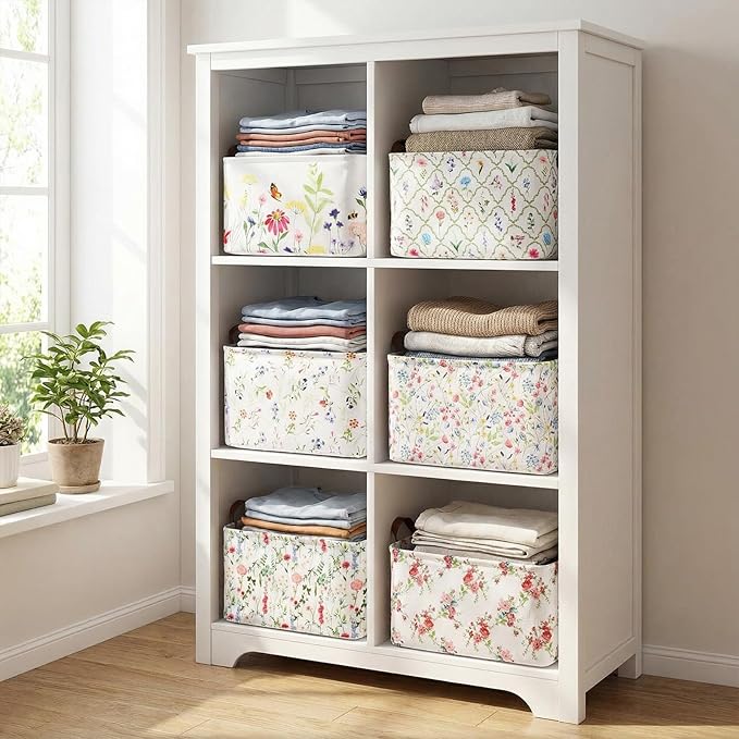 Vesici 6 Pack Large Spring Wildflowers Baskets for Gifts Empty Flower Storage Bins Foldable Floral Storage Basket Rectangular Canvas Boxes with Handle for Books Clothes