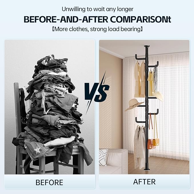 Easy to Setup Adjustable Clothes Stand Space Saving Drying Rack Coat Hanger DIY Floor to Ceiling Tension Rod Storage Organizer for Bedroom, Balcony, Bathroom, Hallway (Black)