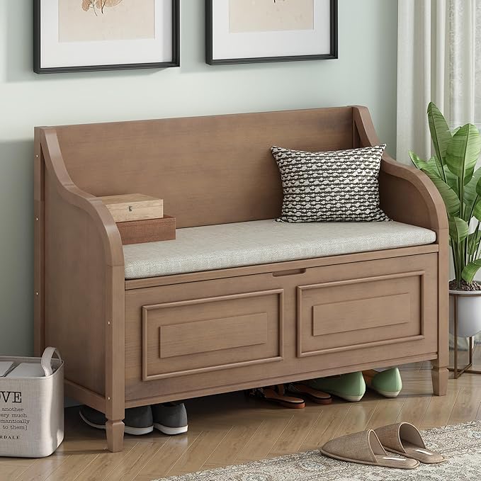 42" Rustic Multifunctional Storage Bench Entryway Bench with Safety Hinge, Removable Seat Cushion and Hidden Storage Space, Home Collection for Hallway Entryway Living Room Mudroom (Brown)