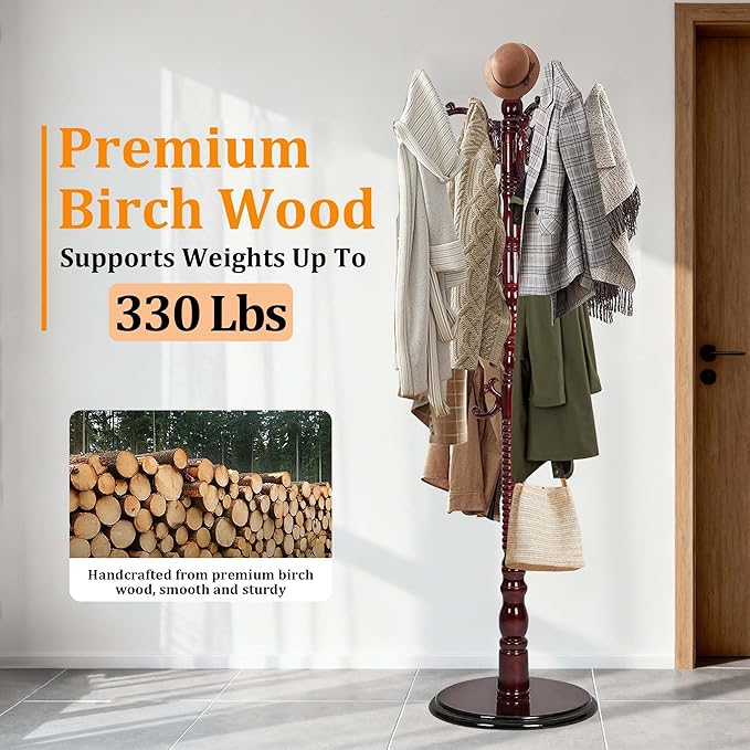 Modern Wooden Coat Rack Heavy Duty Solid Wood Freestanding Coat Racks Stand Adjustable Height 37.4’’-72.83’’ with 14 Hooks and Sturdy Round Base Coat Tree for Living Room, Bedroom