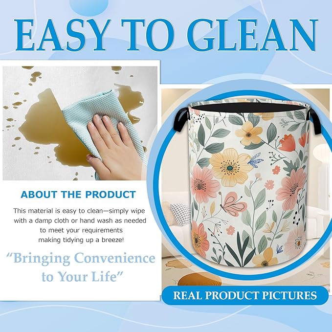 Floral Print Laundry Basket Collapsible Laundry Hamper with Handle, Waterproof Oxford Cloth Storage Bin for Bathroom/Bedroom/Dormitories 16 X 20.8 Inch