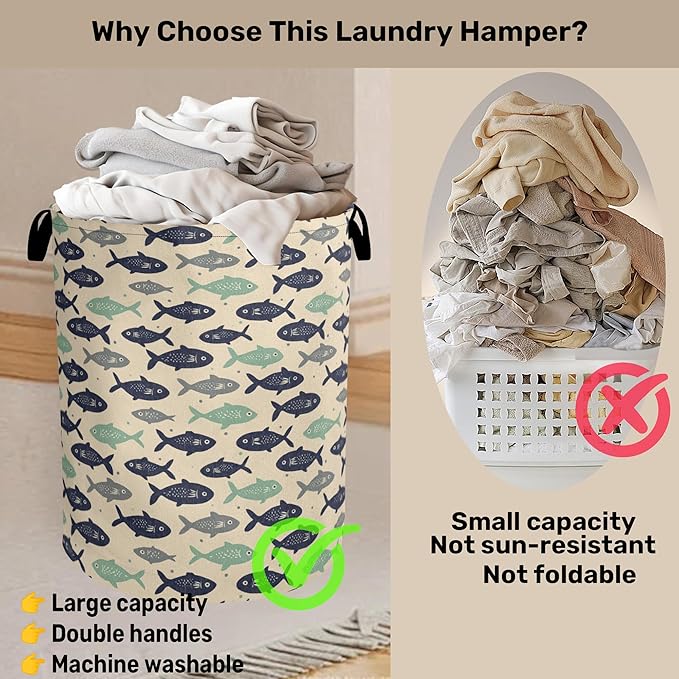 Cute Japanese-Style Fish Foldable Laundry Hamper - Waterproof Fabric Storage Basket with Handles, Clothes Hampers for Laundry,Bedroom,Dorm