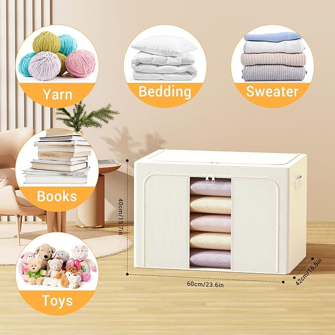 Clothes Storage Bins with Metal Frame Foldable Storage Box Clothes Organizers Storage Containers for Clothes Sheets Blankets Books Toys Gifts and Holiday Decorations (100Lx3 Pack) Beige