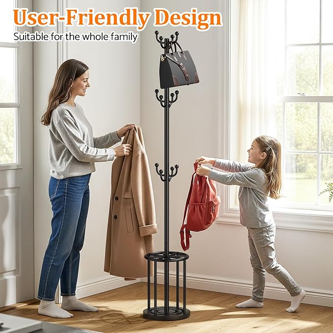 Coat Rack Freestanding, Hat Rack Hall Tree Coat Hanger Umbrella Stand for Entryway, Black Coat Rack with Umbrella Holder, Tree Stand Corner Hall Tree Rack for Hat, Umbrella, Purse, Bag, Clothes