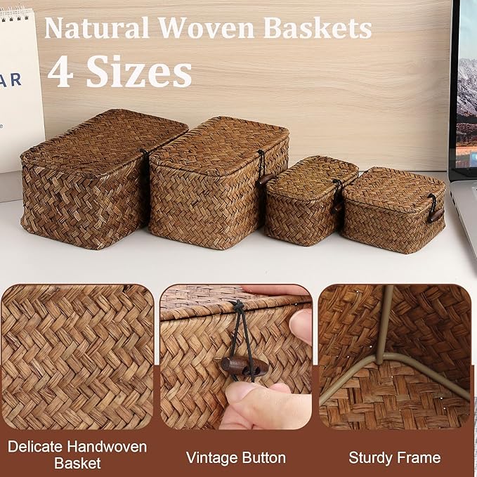 Handwoven Seagrass Basket Wicker Shelf Basket with Lid Rectangular Multipurpose Desktop Organizer Bin for Key Remote Control, Small,7.0" x 4.3" x 3.3"