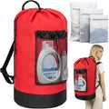 Laundry Bag Backpack with 3 Sizes Mesh Wash Bags and Shoulder Straps Foldable Clothes Hamper Bag with Drawstring Closure for College, Apartment, Laundromat (Red)
