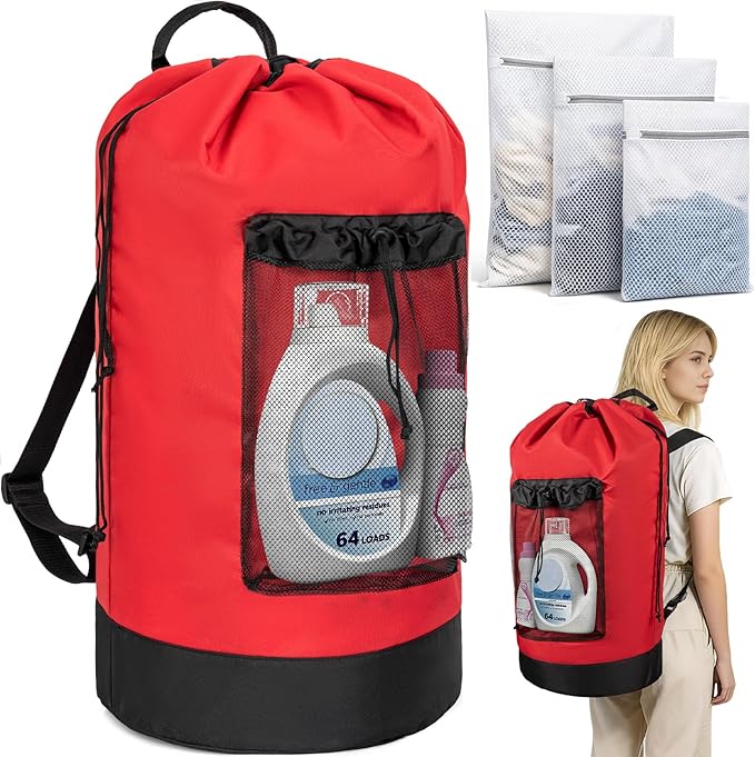 Laundry Bag Backpack with 3 Sizes Mesh Wash Bags and Shoulder Straps Foldable Clothes Hamper Bag with Drawstring Closure for College, Apartment, Laundromat (Red)