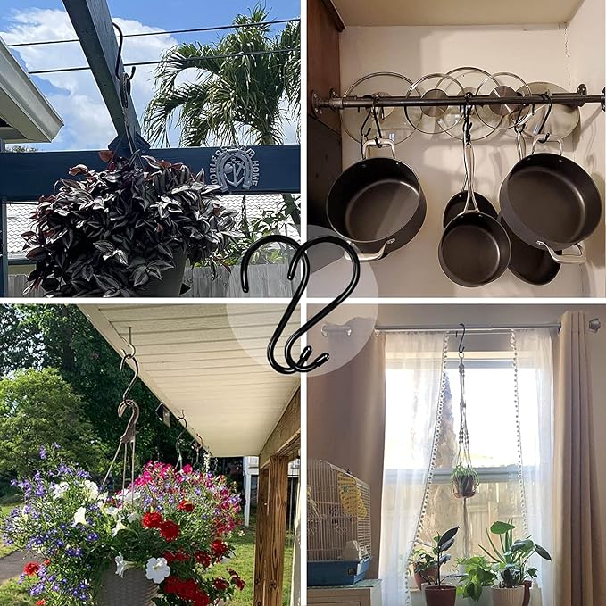 HiGift 6 Inch Large S Hooks for Hanging Plants, Non Slip Vinyl Coated S Hooks Heavy Duty, Metal Black Closet Hanger Hooks for Hanging Plant Jeans Pot Pan Clothes Purses Towel Bags Scarfs- 8 Pack
