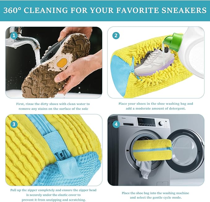 Shoe Washing Machine Bag - 2Pack Laundry Shoe Bag for Washer and Dryer, Reusable Shoe Cleaning Bag for All Shoe Sizes, 360° Deep Clean for Tennis Shoes, Sneakers, Includes 1 Brush (Yellow)