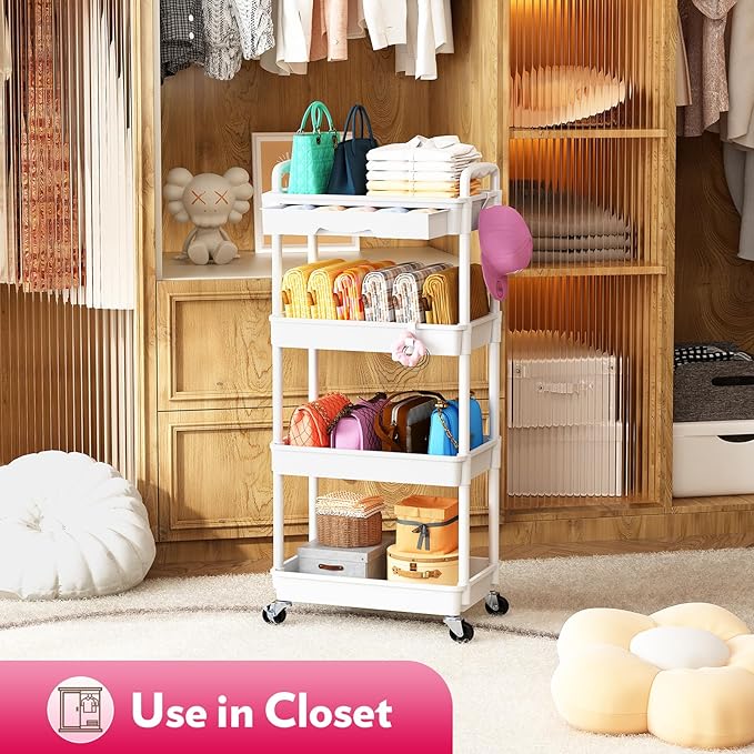 Makeup Cart Organizer with Drawers, 4 Tier Floor Skincare Organizers for Vanity, Rolling Makeup Bathroom Storage Cart Cosmetics Display Cases for Skin Care Perfume Nail Polish, White