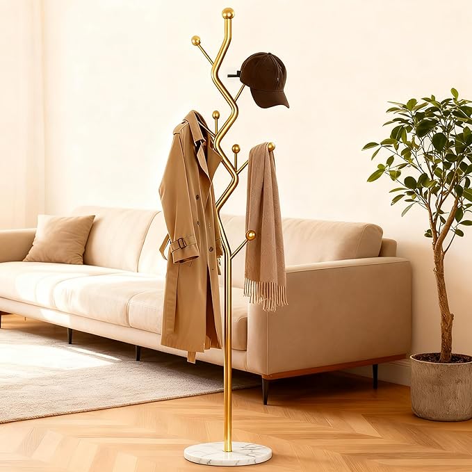 68.9 Inch Tall Modern Coat Rack,Gold Freestanding coat Rack Tree,Heavy-Duty Metal Coat Rack Stand with Sturdy Marble Base for Entryway,Hallway,Bedroom,Holds Coats Hats Bags Scarves