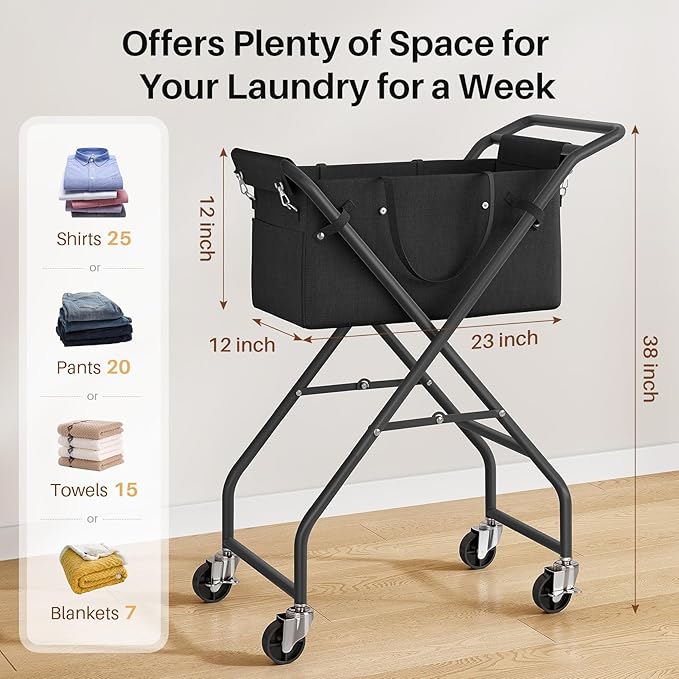 No-Bend Laundry Cart- Rolling Hamper with Locking Wheels & Handle, Foldable Basket Screw-Free Assembly, Durable Metal Frame & Removable Liner Bag for Bedroom & Bathroom (Black)