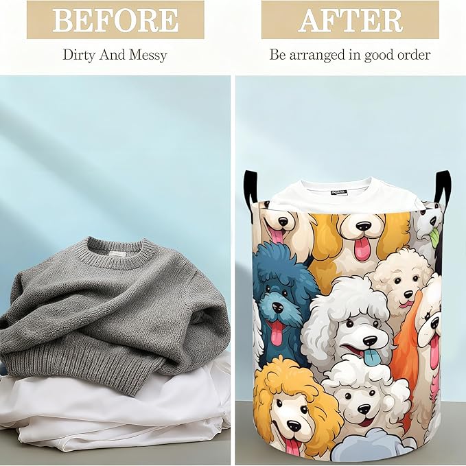 Cartoon Poodle Dog Laundry Basket Hamper for Boys Girls Kids Adults, Foldable Waterproof Oxford Clothes Storage Bin, Colorful Puppy Organizer for Bedroom Bathroom Room Decor 19.7"x15.8"