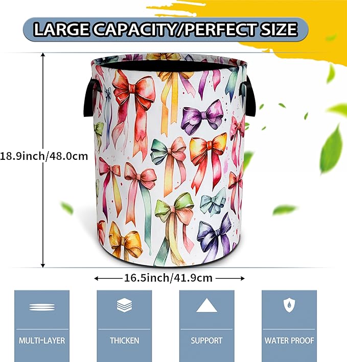 Colorful Bowknot Laundry Basket Bow Foldable Waterproof Oxford Cloth Funny Tote Bag Laundry Hamper Clothes Storage Bucket Toy Organizer For Bathroom/Laundry Storage/Bedroom 18.9x16.5 Inch