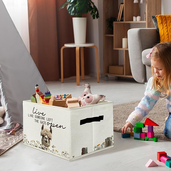 Rustic Alpaca Storage Bins & Boxes with Handles, Farmhouse Alpaca Foldable Basket for Organizing, Live Like Someone Left the Gate Open Collapsible Storage Basket for Bedroom Bathroom Clothes
