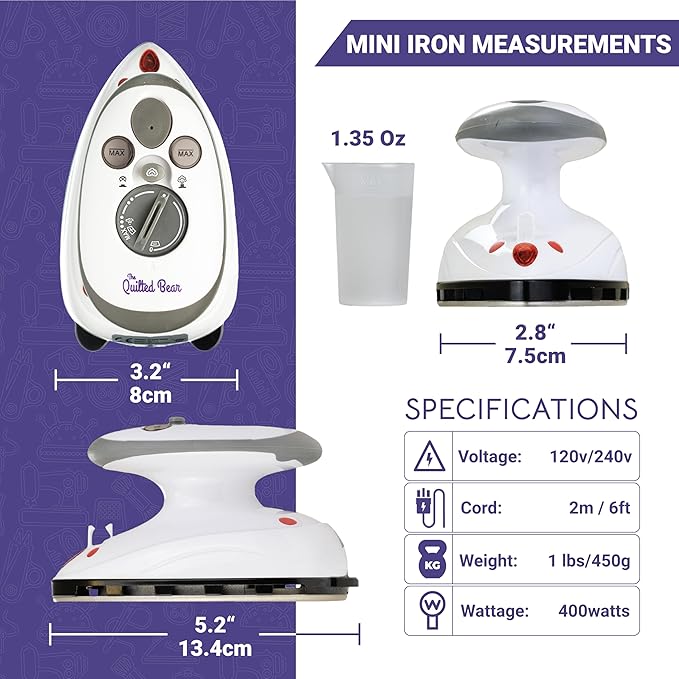 The Quilted Bear Mini Steam Iron - Lightweight Mini Travel Iron for Effortless Quilting & Wrinkle-Free Clothes with Hard Shell Case - Travel Steamer Craft Press for Clothes & Crafts (Blue)