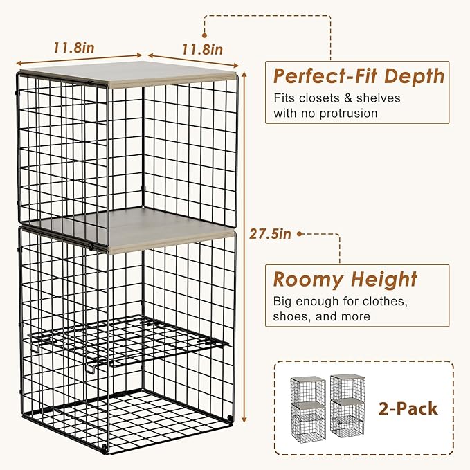 6-Tier Closet Organizers and Storage, Closet Shelves with Adjustable Dividers & Wood Top, Dual-Layer Reinforced Storage Bins, Larger Capacity Clothes Shelf Basket for Closet Organizer System
