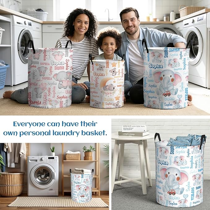 Custom name Laundry Hamper, Customizable Elephant Laundry Hampers, Personalized Elephant laundry basket, Customized Dirty Clothes Hamper with name for Bedroom Bathroom Barbershop Living Room