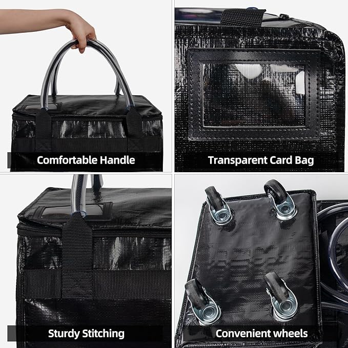Reusable Grocery Bag on Wheels, (Medium, Black) Shopping Bags with Wheels and Handle, Folding Rolling Tote, Zipper Cover, Carries Up to 46 LBS, for Laundry, Picnic