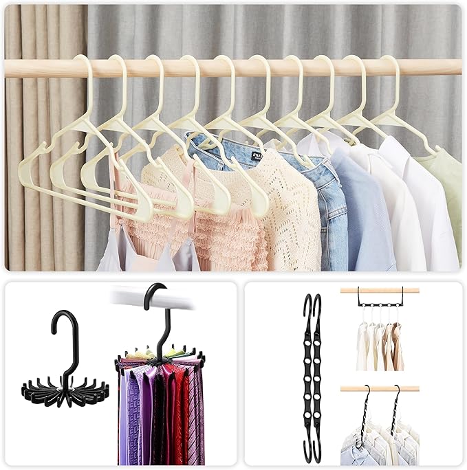 VECELO 25 Pack Plastic Hangers-Clothes Hangers Set with Shoulder Non Slip Notches for Closet Space Saving-Heavy Duty Coat Hanger,Beige
