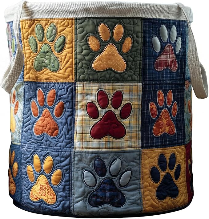 Quilted Laundry Basket with Handles, Boho Floral Fabric Storage Hamper, Large Soft Quilted Laundry Basket for Nursery, Bedroom, Laundry Room,Clothes & Toys (Dog Paw Pattern C, S)