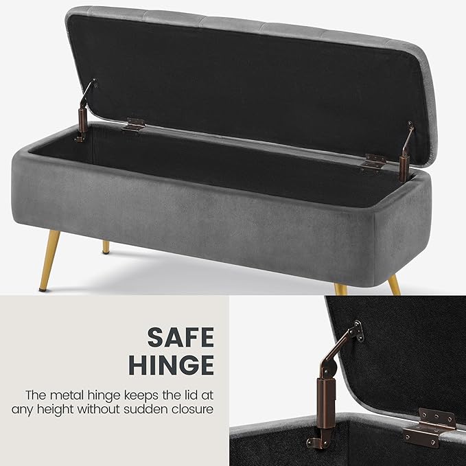 Yaheetech Ottoman with Storage 2pcs, Velvet Entryway Bench with Safety Hinge, Upholstered Bench with Seating for Bedroom, Living Room, Holds up to 519 lb, Gray