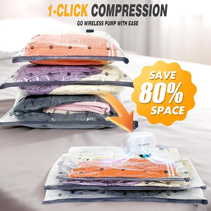 Travel Vacuum Storage Bags with Pump, Carry-on Luggage Compression Bags + Portable Electric Pump, 80% Space Saver for Clothes, Vacuum Seal Bags for Clothing Packing Travel, Pack of 15