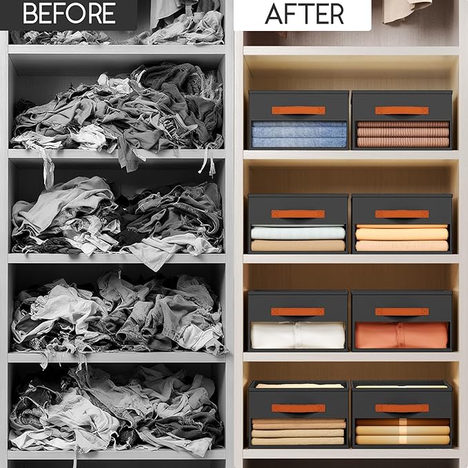 Drawer Organizers and Storage - 8 Pack Foldable Pants Organizer with Clear Window & Handles, Fabric Closet Organizer for Clothes, Jeans, Sweaters, Towels, T-shirt, Scarf (Black)