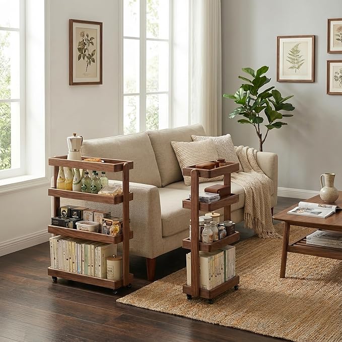 100% Solid Wood Storage Cart, 4-Tier Rolling Utility Cart with Wheels, Multifunctional Storage Trolley Shelving Unit on Wheels for Living Room Kitchen(Walnut, 7.87" D x 15.75" W x 31.89" H)