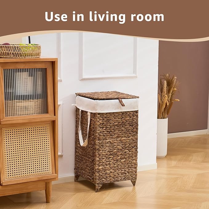 Handwoven Laundry Hamper with Lid, Natural Hyacinth Heightened Feet Laundry Basket, Wicker Clothes Hamper with Removable Liner Bag (Espresso-A, 65L)
