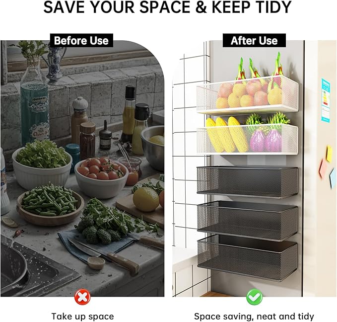 Magnetic Basket Organizer Holder for Fridge Sipce Rack Magnetic Storage Bin Box Containers for Refrigerator Magnetic Shelf for Fridge Whiteboard Classroom (Black, 10.63''L*4.72''W*3.03''H)
