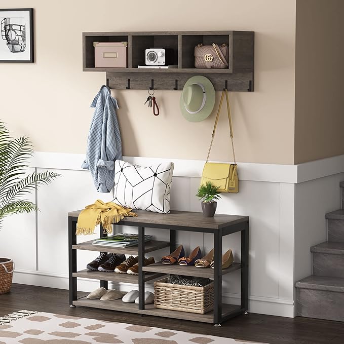 Tribesigns Coat Rack Shoe Bench Set Industrial, Hall Tree with 3 Storage Cubbies, 7 Hooks for Entryway, Hallway, 5-in-1Design, Vintage Grey
