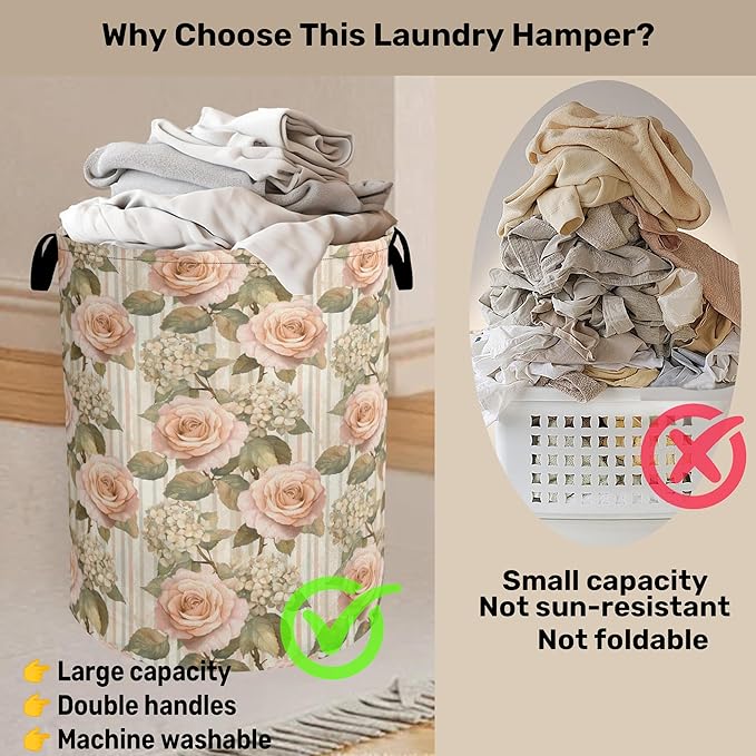 Shabby Chic Rose Laundry Basket - Heavy Duty 60L Dirty Clothes Organizer, Water Resistant Foldable Hamper for Men Women