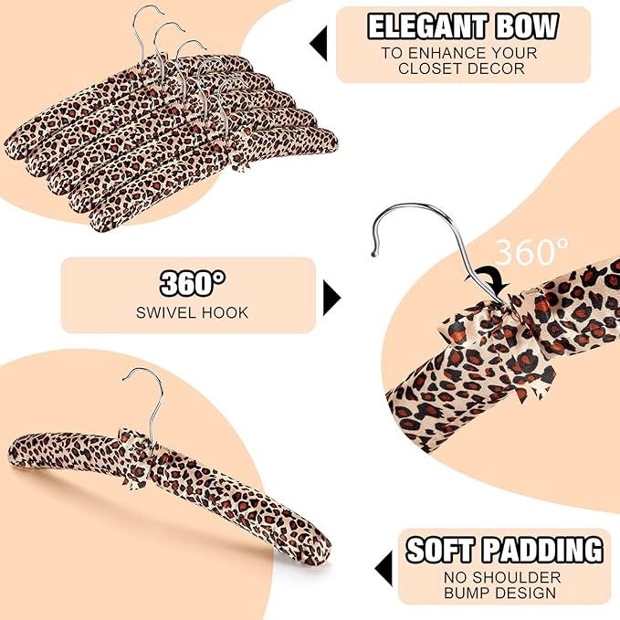 Jetec 24 Pieces Satin Padded Hangers with 360° Swiveling Hook Sponge Shoulder Pads Hanger for Coat, Sweaters, Blouse, Wedding Dress, Women Cloths(Leopard Style)