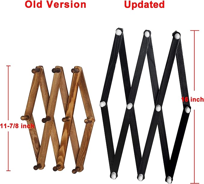 Dseap Accordian Wall Hanger: 16” High Wooden Wall Expandable Coat Rack, Hat Rack Holder, Accordion Hook for Baseball Caps, Coats, Mugs, 10 Peg Hooks, Black & White